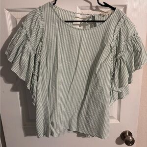 Striped Ruffle Sleeve Top - Green